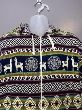 Llama Alpaca Sweater Mens XL Wool Blue Hooded Full Zip Knit Ecuador Tribal